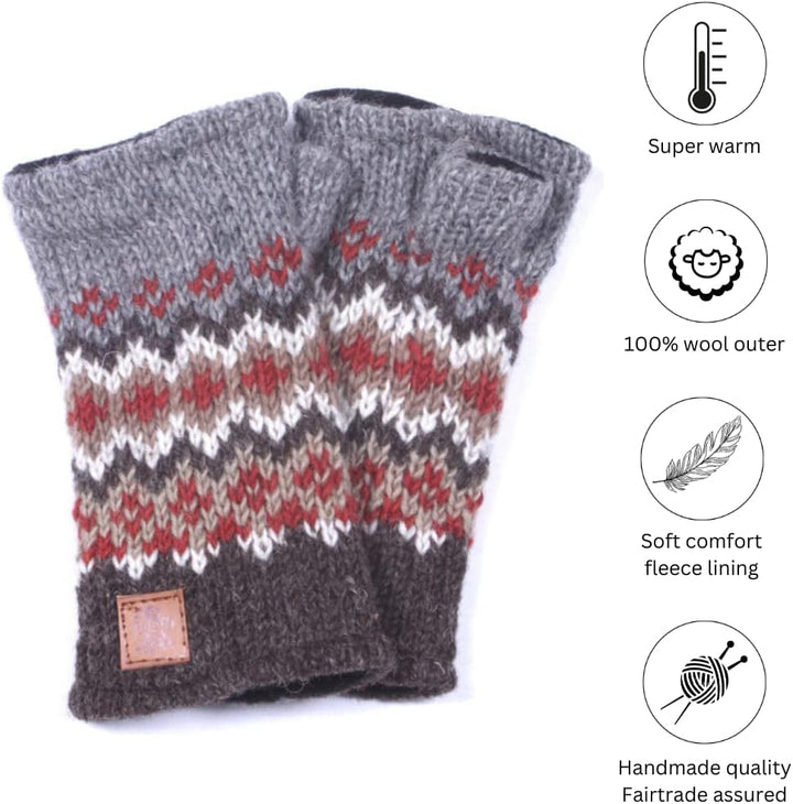 Damen Wolle Handwärmer Fleece gefüttert Handgestrickt Fair Isle Mehrfarbig Einheitsgrösse Handarbeit