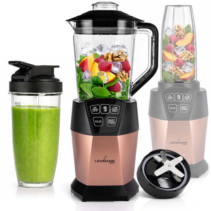 LEHMANN Standmixer & Smoothie Maker 2-in-1, Mixbehälter 1500 ml und To-Go-Trinkflasche 800 ml, 4 Ges