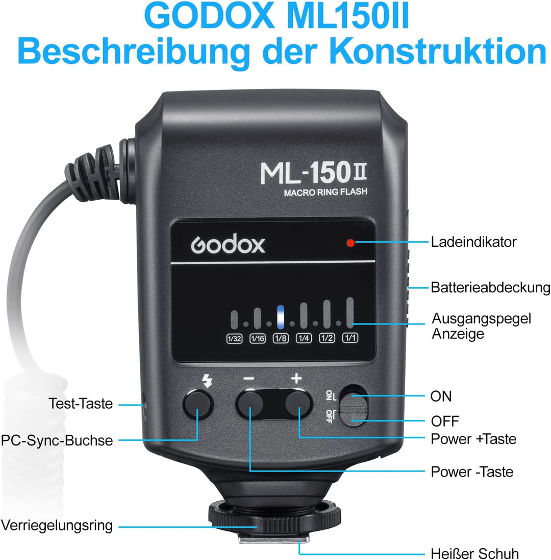 Godox ML150II Tragbarer LED Makroringblitz Ringblitzleuchte Set6-stufige Leistungswahl (1/32-1/1) 58
