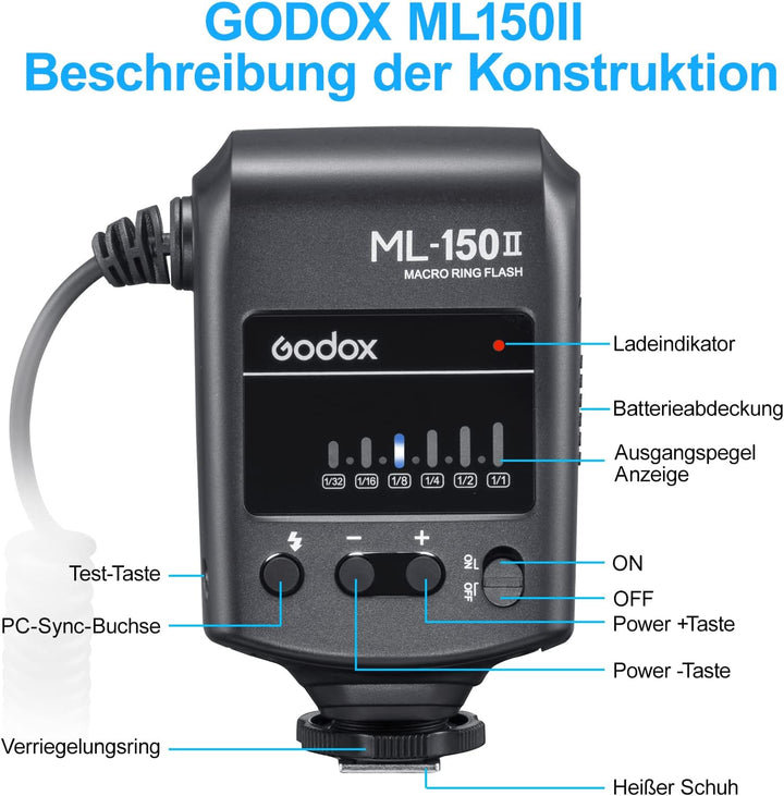 Godox ML150II Tragbarer LED Makroringblitz Ringblitzleuchte Set6-stufige Leistungswahl (1/32-1/1) 58
