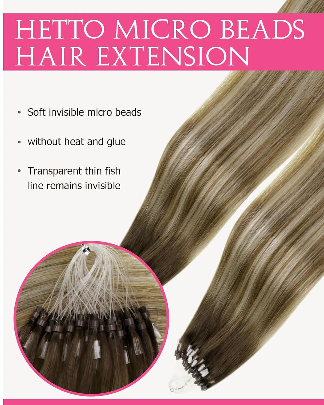 Hetto Microring Extensions, Balayage Hellbraun mit Hellblonden, 40cm | 50 Strähnen 50g 100% Remy Haa