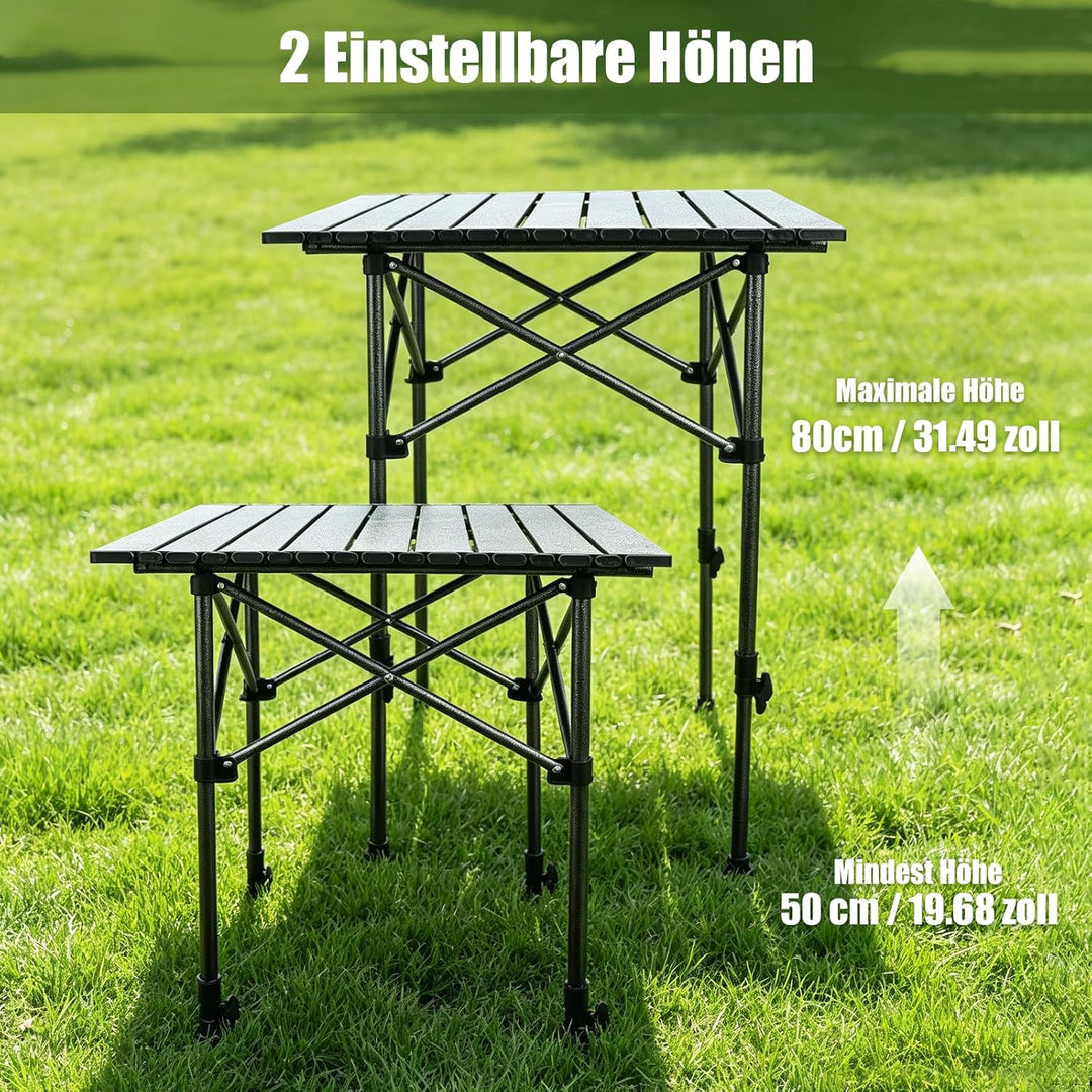 Campingtisch Klappbar, Klapptisch Höhenverstellbar, 53x51cm Camping Falttisch mit Ablagenetz, Tasche