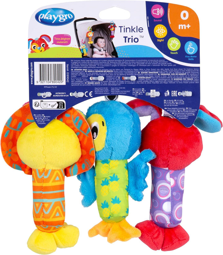 Playgro Spieltier-Trio für unterwegs, Mit Quietsche, Rassel und Glöckchen, Ab 0 Monaten, Mehrfarbig,