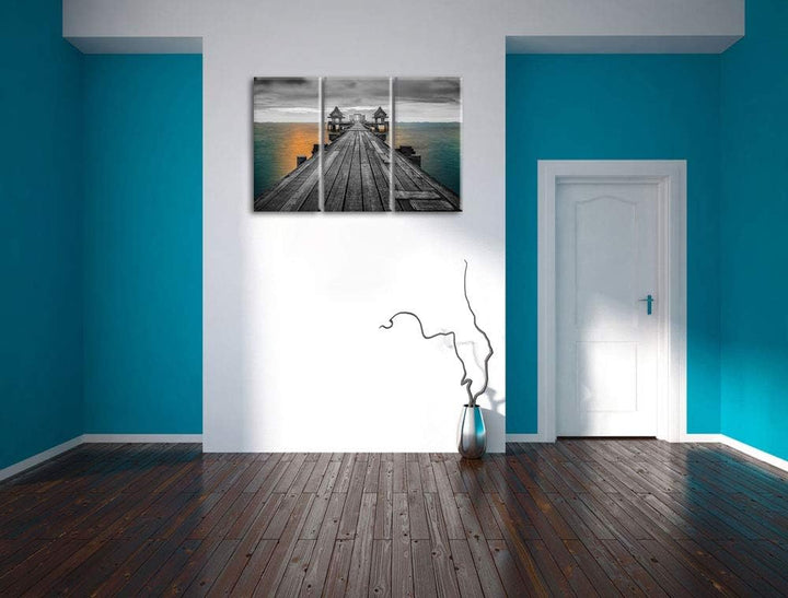 Pixxprint Bootssteg beim Sonnenuntergang als Leinwandbild | Grösse: 3 Teilig (120x80) | Wandbild| Ku