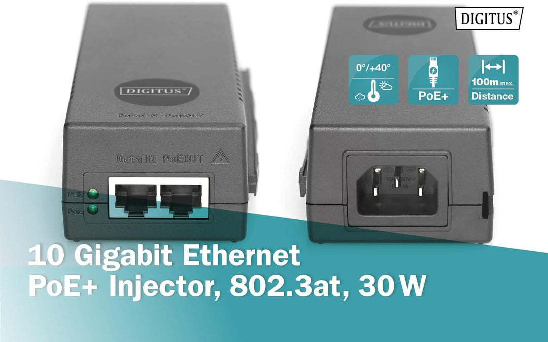 DIGITUS 10 Gigabit Ethernet PoE+ Injector, 802.3at Power Pins:3/6(+), 1/2(-), 30W 10 Gbit/s PoE Inje