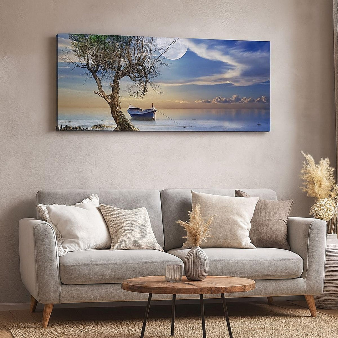Wandbilder Dekoration Wohnzimmer Nacht Mond Boot Panorama Bilder auf Leinwand 120x50cm Leinwandbild