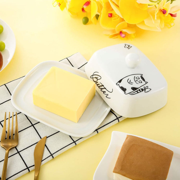 Butterdose mit Griff für 250g Butter, Hochwertige Keramik, Weiss mit Schwarzem Katzenmuster, Porzell