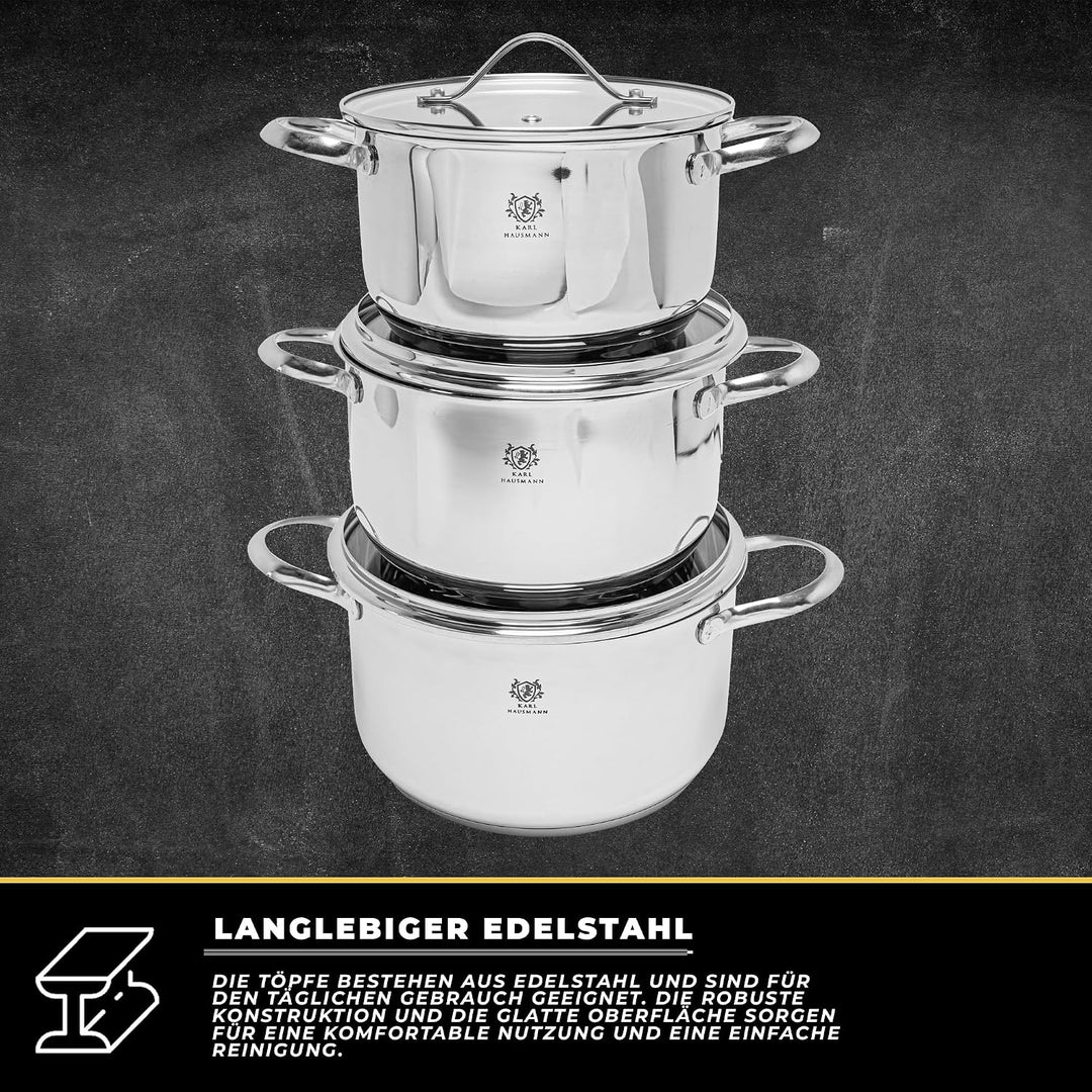 Topfset Induktion 3-teilig, Kochtopf Set mit Glasdeckel, Edelstahl mattiert, Induktions Töpfe Set un