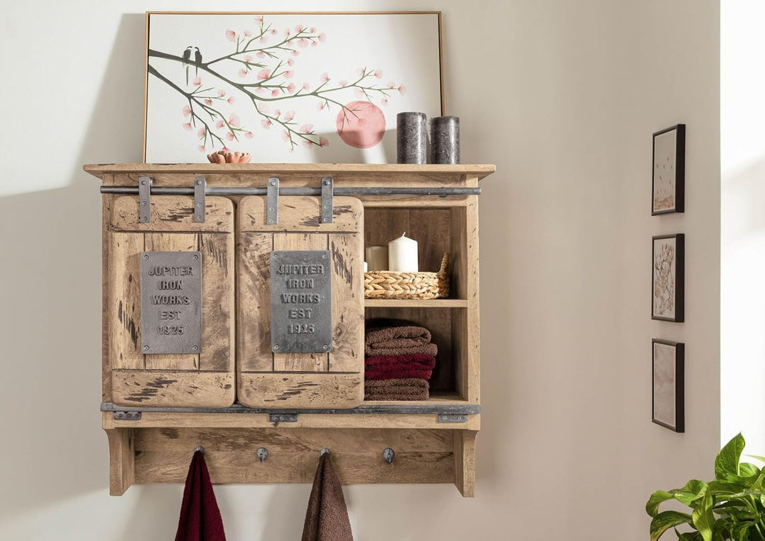 MASSIVMOEBEL24.DE Railway Wandgarderobe 90x30x75 Mango, Farbe:beige lackiert, Grösse:90x30x75 cm (Bx