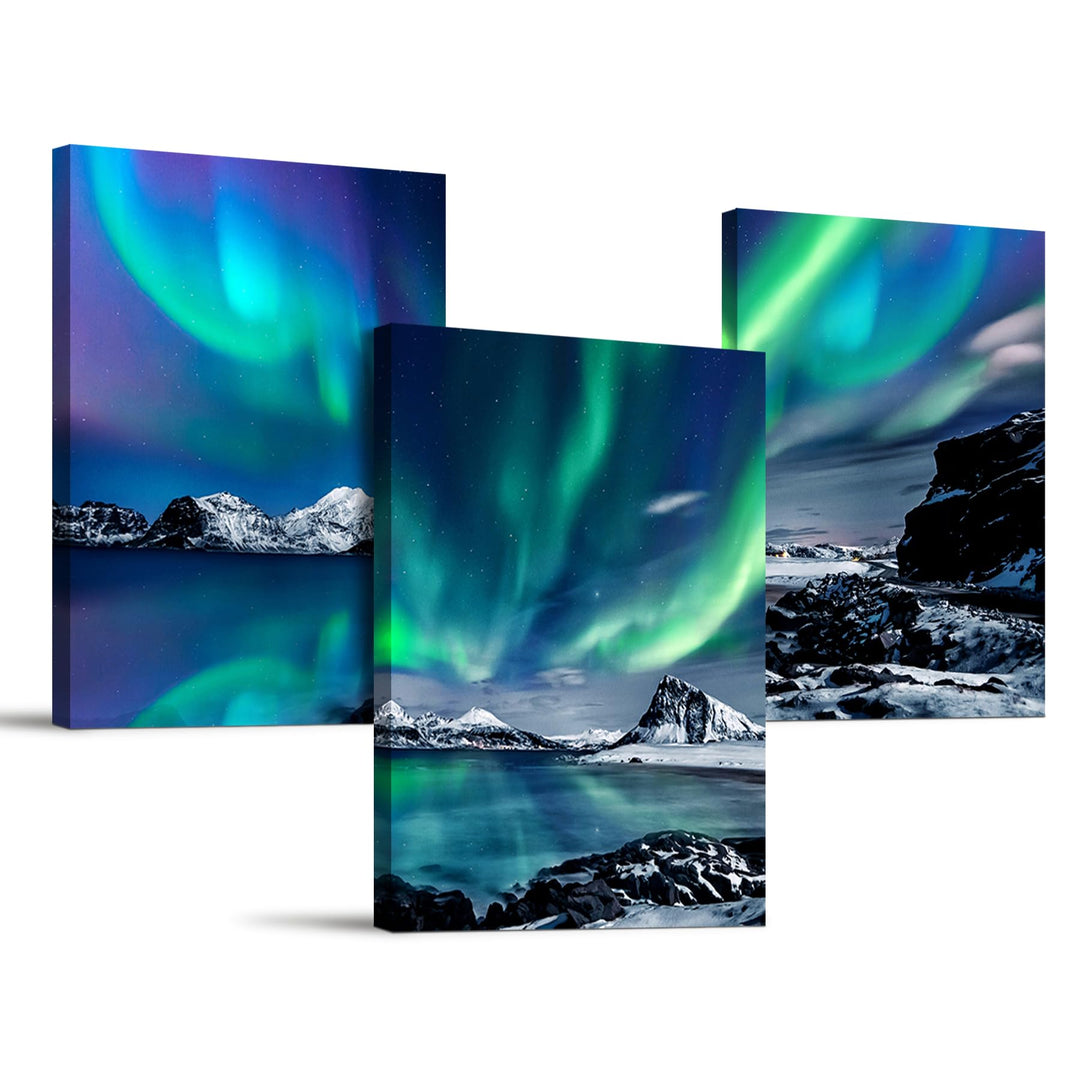 hyidecorart Bilder Nordlichter, Grün Polarlicht Sternenhimmel Bild auf Leinwand, Modern Natur Aurora