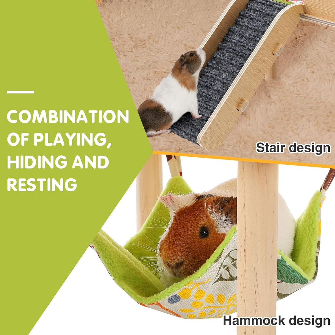 MEWTOGO Meerschweinchen-Hängematte mit Plattform, sicheres Holz-Versteck für Meerschweinchen mit Tre