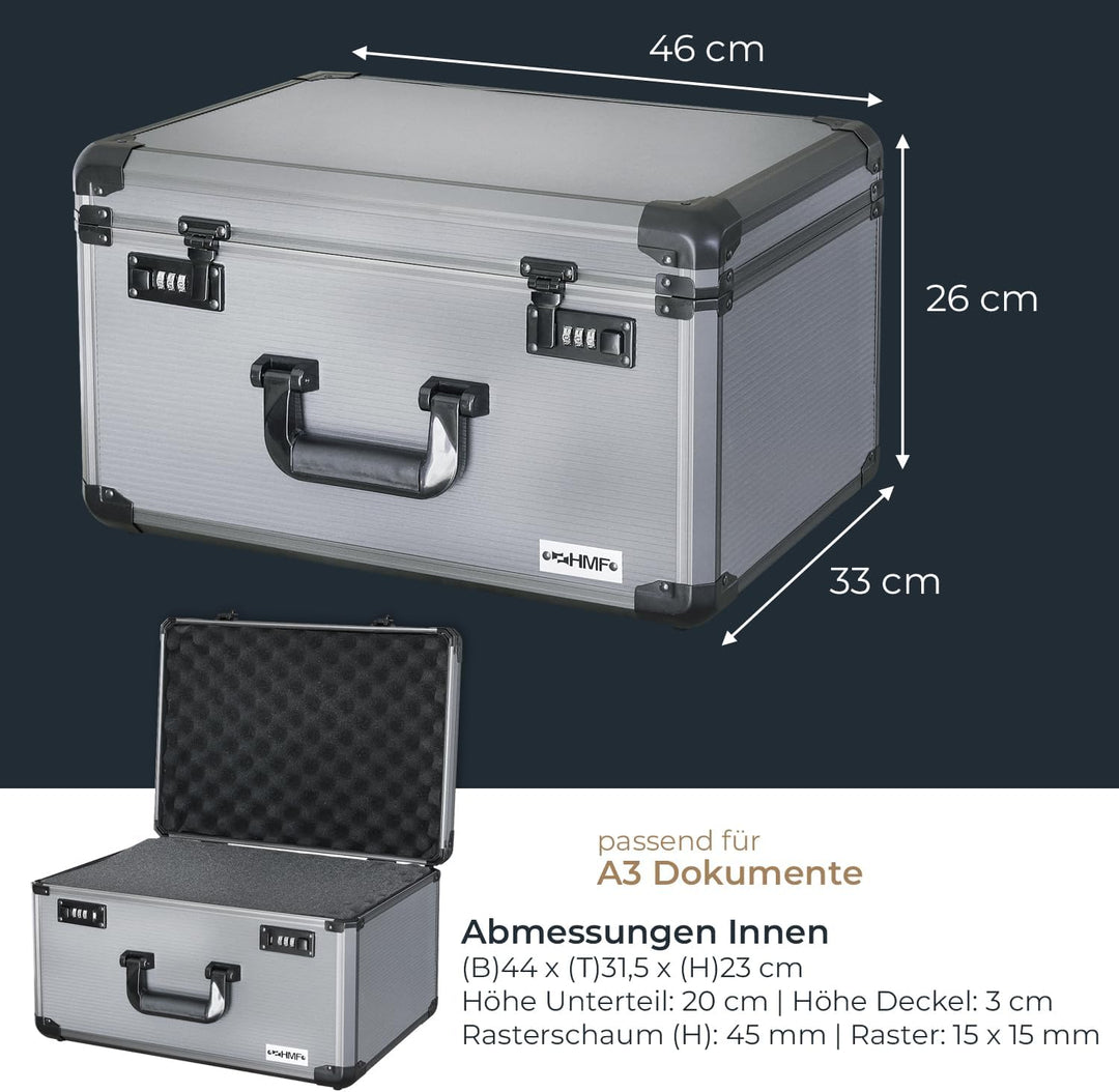 HMF 14412-02 Alu Fotokoffer, Miniaturenkoffer mit Rasterschaumstoff | 46 x 33 x 26 cm, 46 x 33 x 26