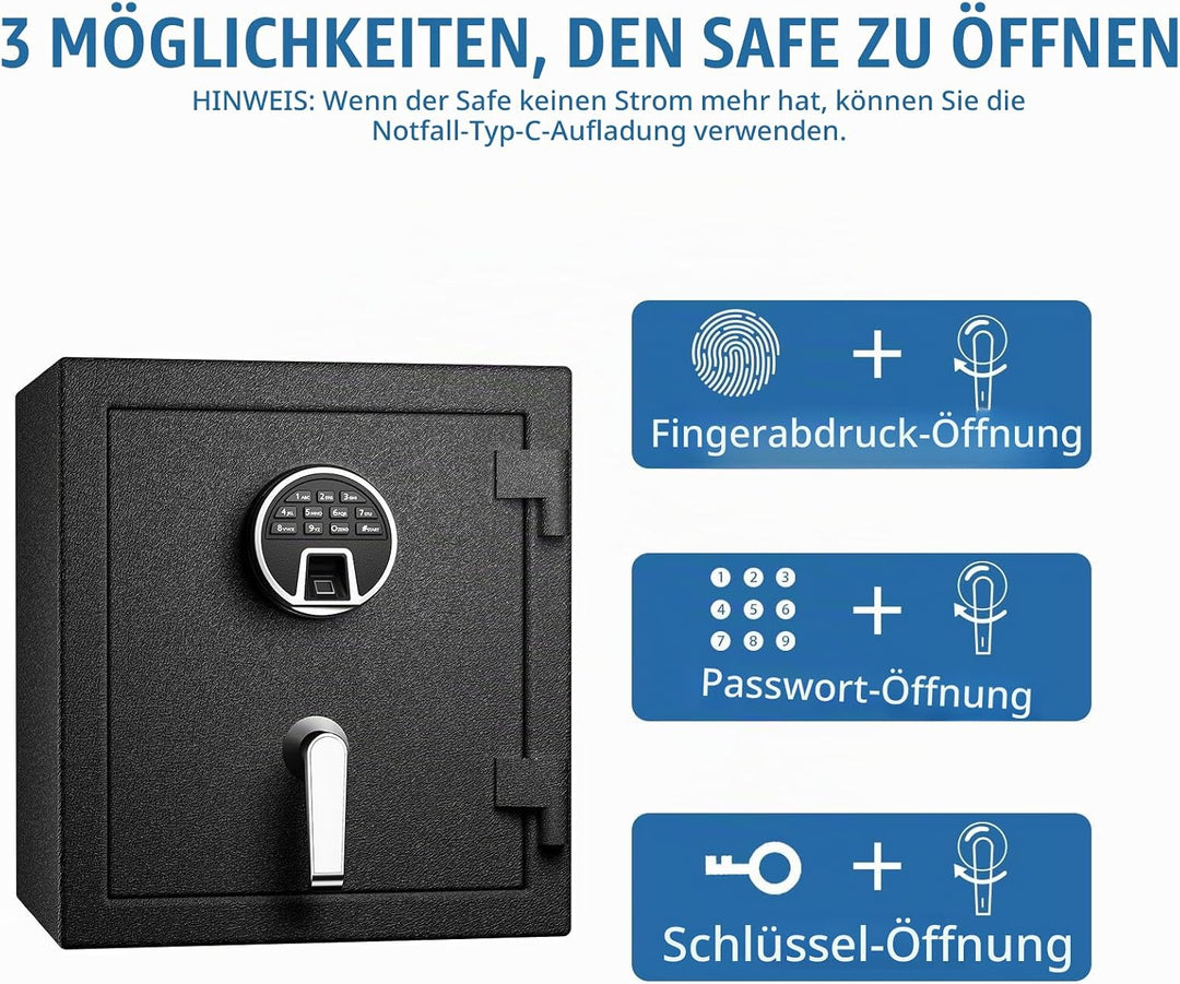 WASJOYE Biometrischer Feuerfester Tresor, Fingerabdruck Möbeltresore mit Digitale Tastatur und Typ-C