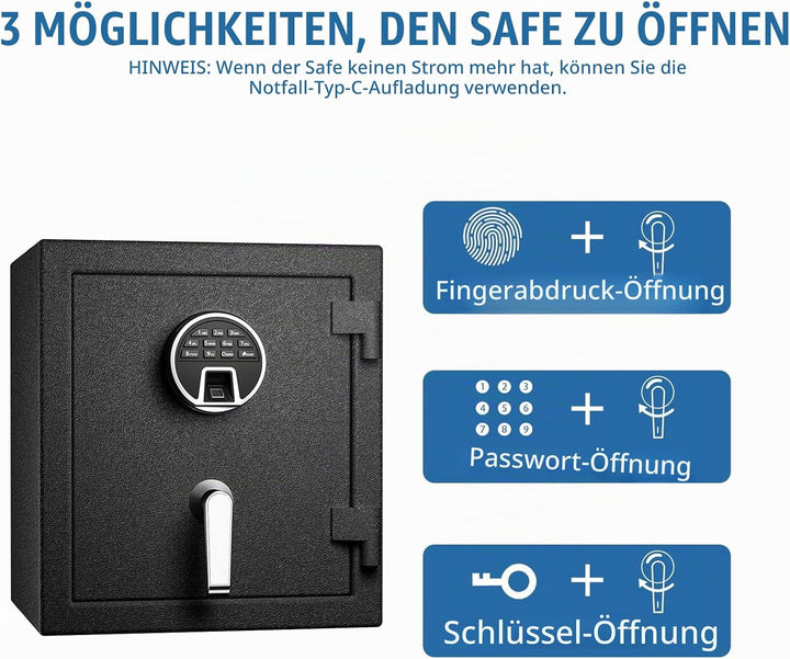 WASJOYE Biometrischer Feuerfester Tresor, Fingerabdruck Möbeltresore mit Digitale Tastatur und Typ-C