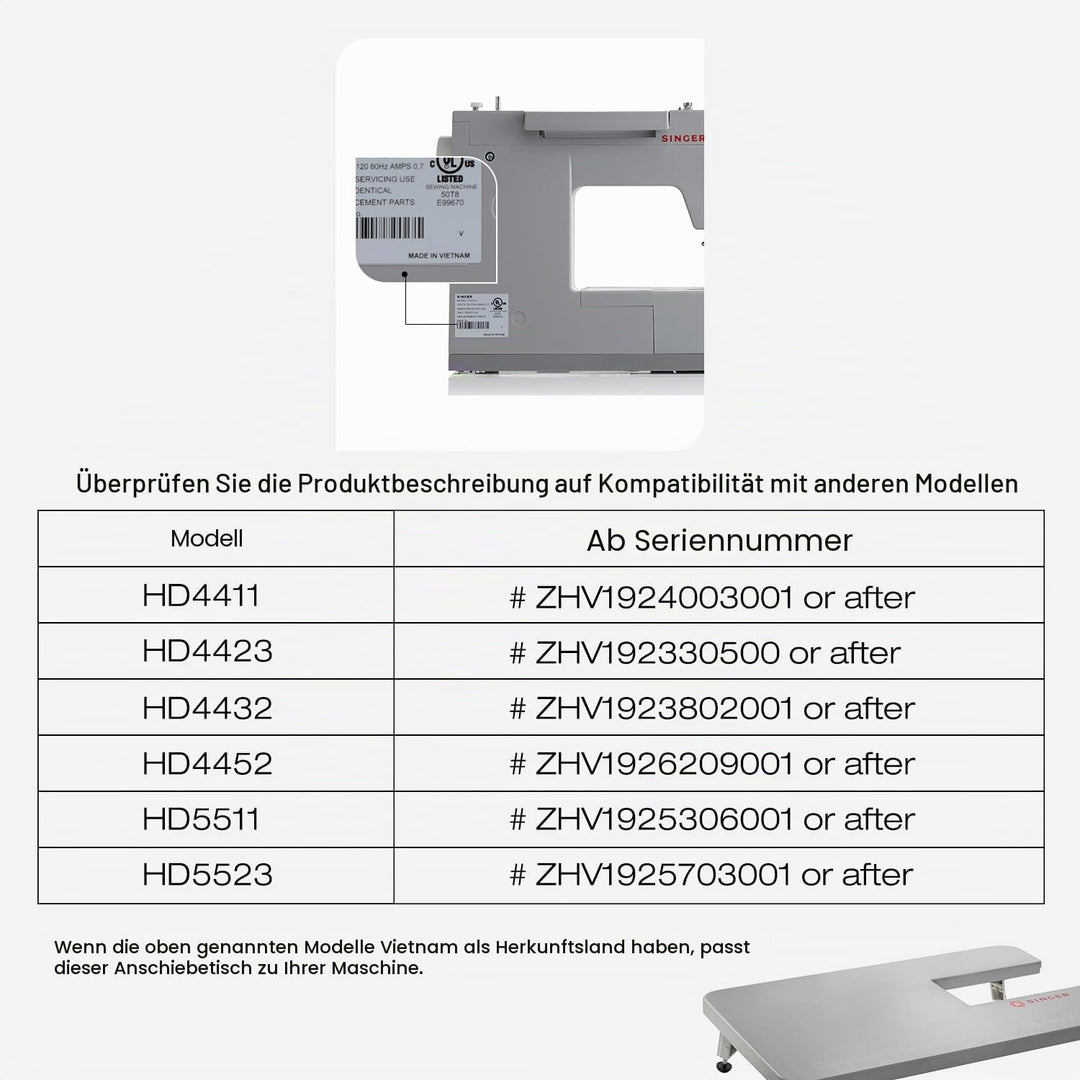 SINGER 4411, 4423, 4432 und 4452 mechanische Schwerlast-Nähmaschinen Ausziehtisch, GRAU
