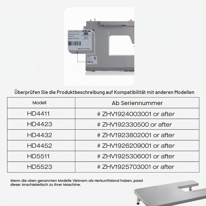 SINGER 4411, 4423, 4432 und 4452 mechanische Schwerlast-Nähmaschinen Ausziehtisch, GRAU