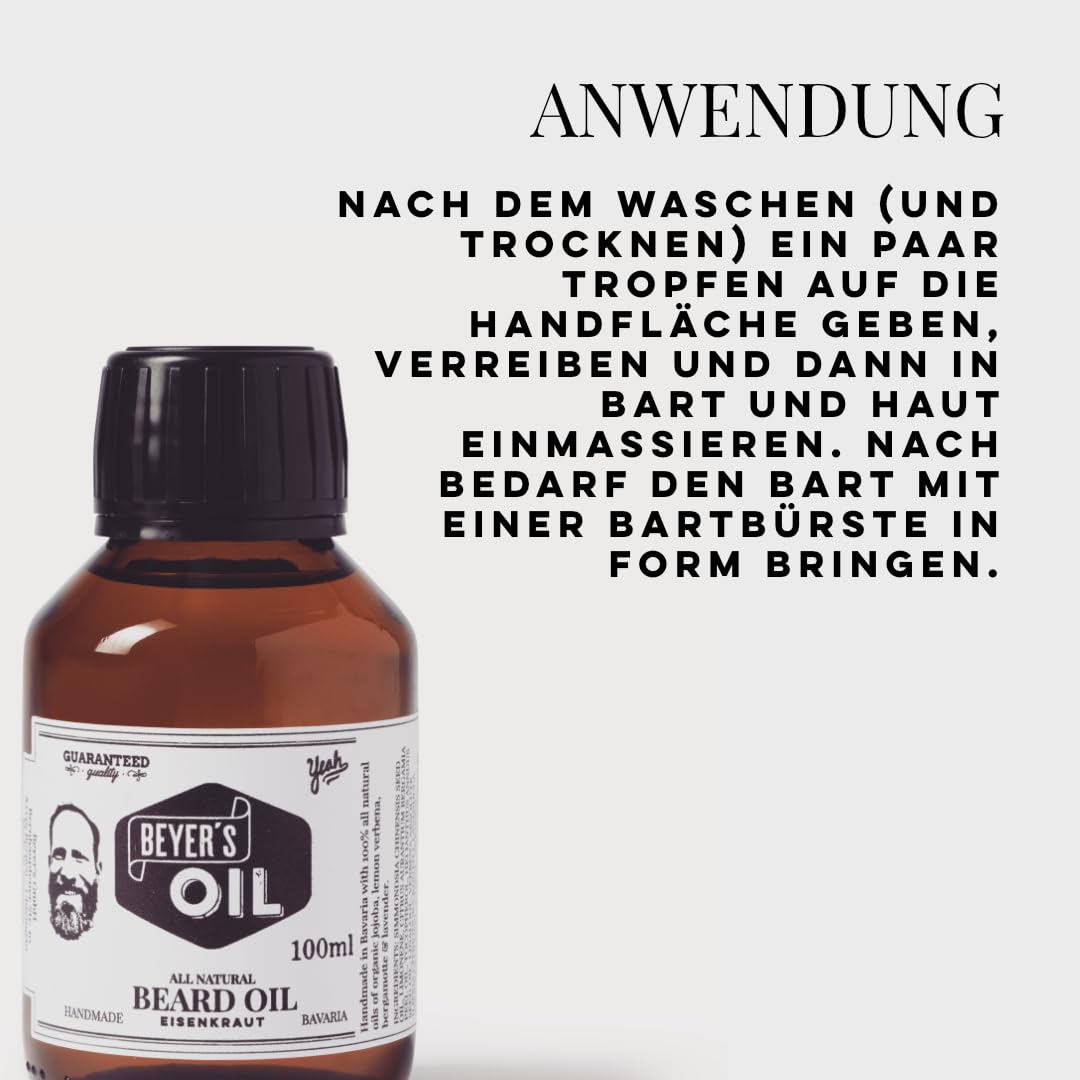 Beyer's Oil Bartöl Eisenkraut XXL 100 ml - 100% natürliche Bartpflege mit Bio Jojobaöl - Pflegt die