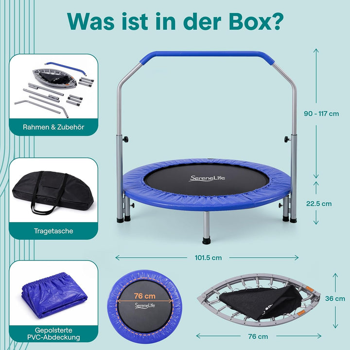 SereneLife Portable & Foldable Trampoline - 40' in-Home Mini Rebounder with Adjustable Handrail, Fit