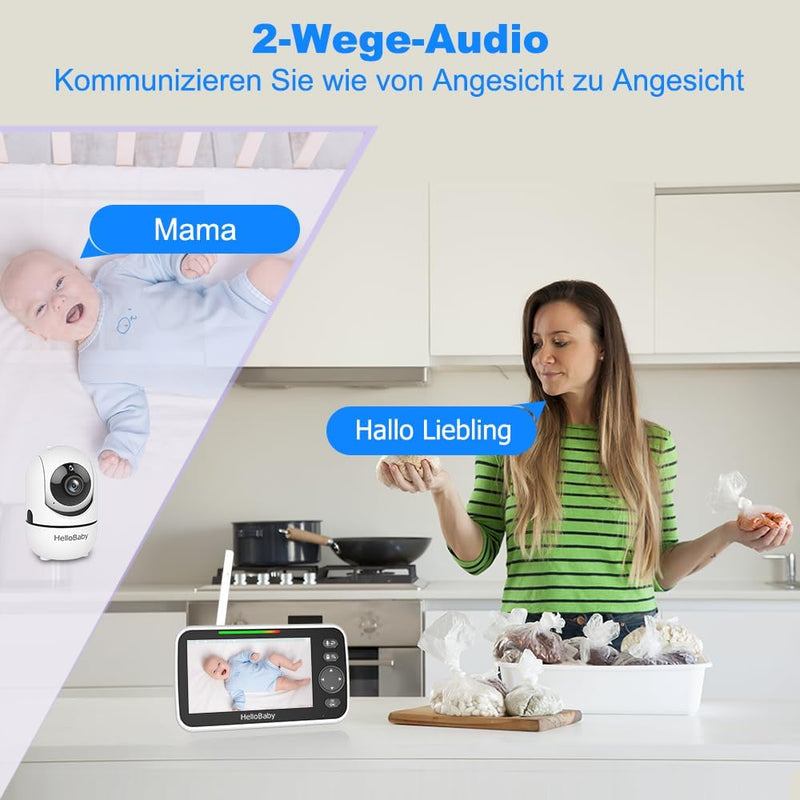 HelloBaby Video-Babyphone, 5 Zoll geteilter Bildschirm mit 30-Stunden-Akku, Pan-Tilt-Zoom Babyphone