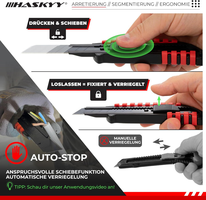HASKYY Cuttermesser Teppichmesser Universal Professional Set 5x Cutter Messer 18mm mit Extra scharfe