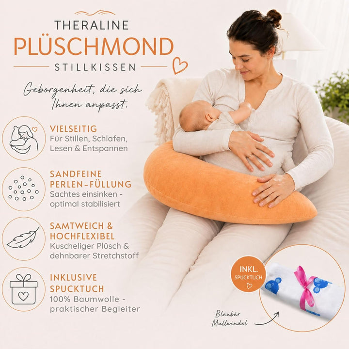 Set Theraline Plüschmond Stillkissen, Bauchstützkissen & Spucktuch Blaubär | Schmusekissen und Lesek