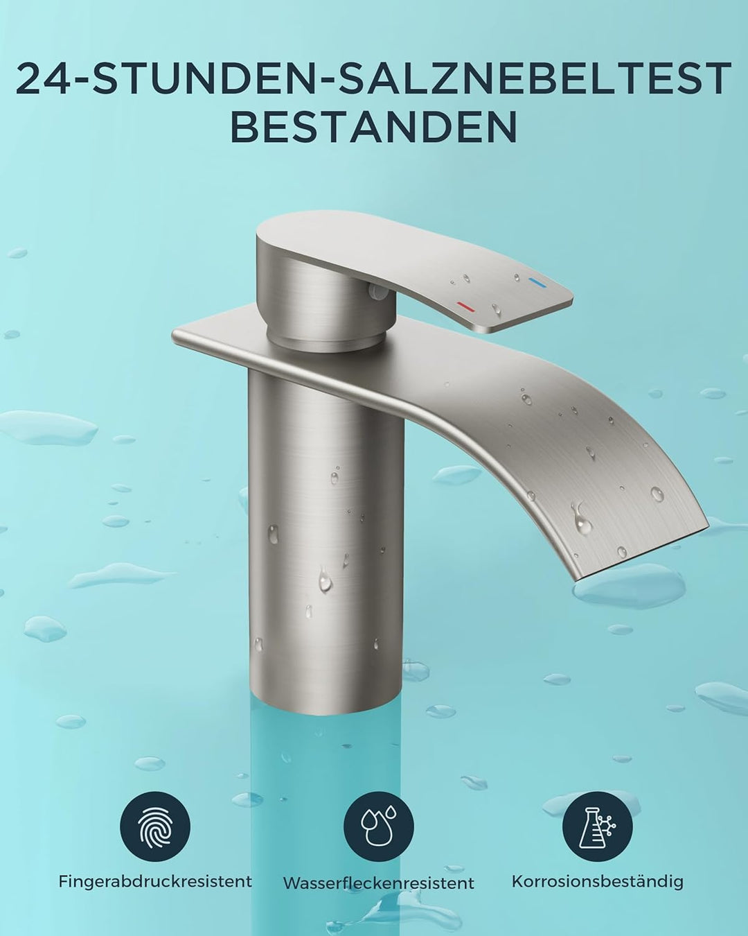 FORIOUS Wasserhahn Bad, Edelstahl Wasserfall Waschbeckenarmatur mit Auslaufhöhe 80MM, Einhebel-Misch