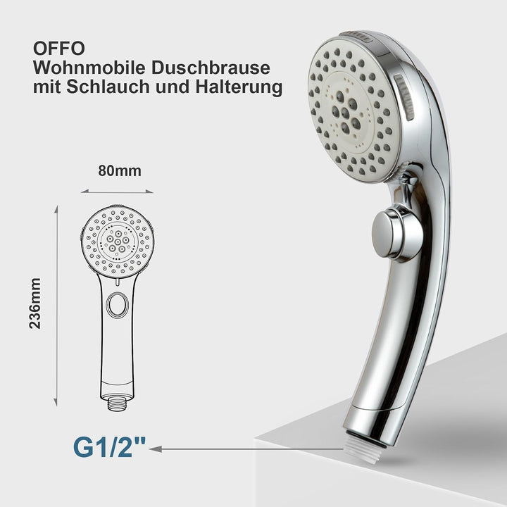 OFFO Duschkopf mit Duschschlauch 1,6m, Stoppfunktion Brausekopf Dusche mit 5 Strahlarten, Wasserspar