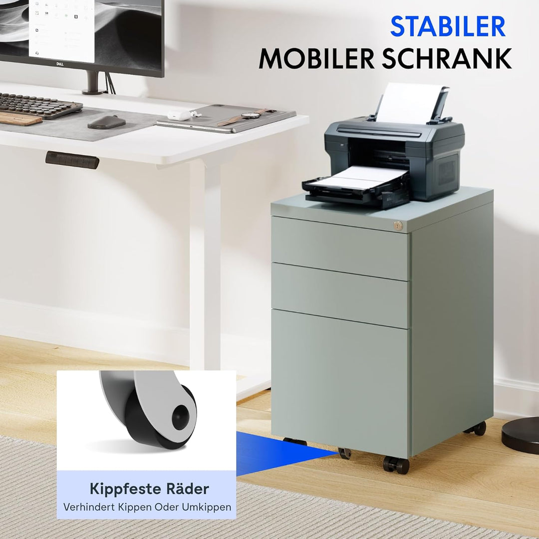 FlexiSpot Rollcontainer mit 3 Schubladen, mobiler Aktenschrank mit Rollen, Schubladenschrank Bürosch