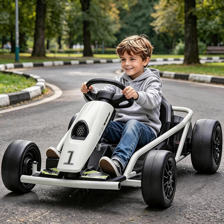 Elektrisches Go-Kart Weiss 24V für Kinder, Drift Kart mit 2×12V 9Ah Akku, Verstellbarem Sitz, Vor- u