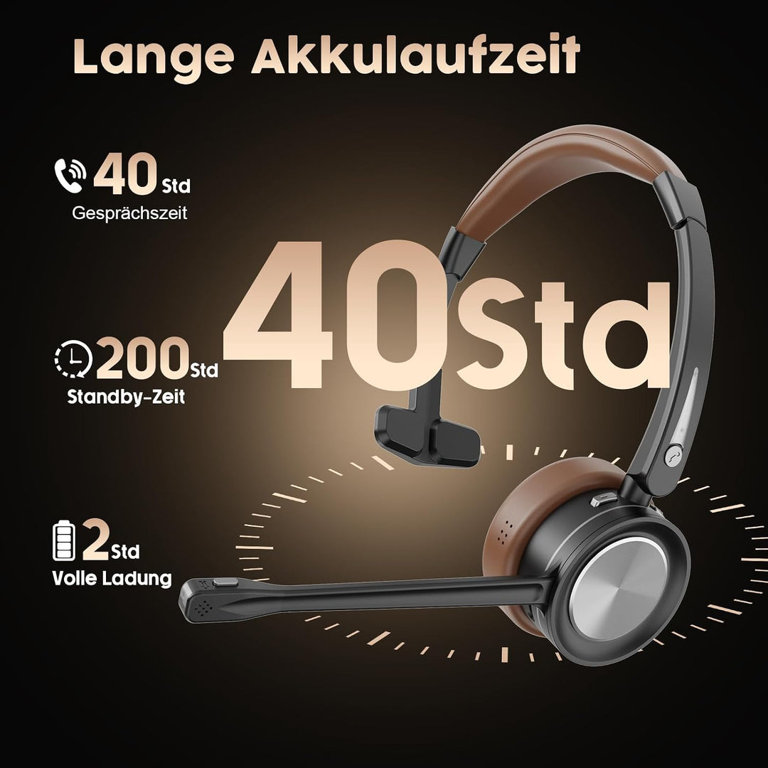 Bluetooth Headset mit Mikrofon Noise Canceling, Mono V5.2 Bluetooth Wireless Headset für PC, 40 Stun