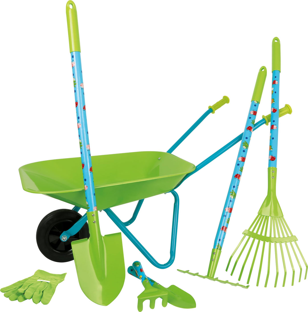 small foot Grosses Gartenset aus Holz und Metall, mit Schubkarre, Spaten, Harke uvm., ab 3 Jahren, 1