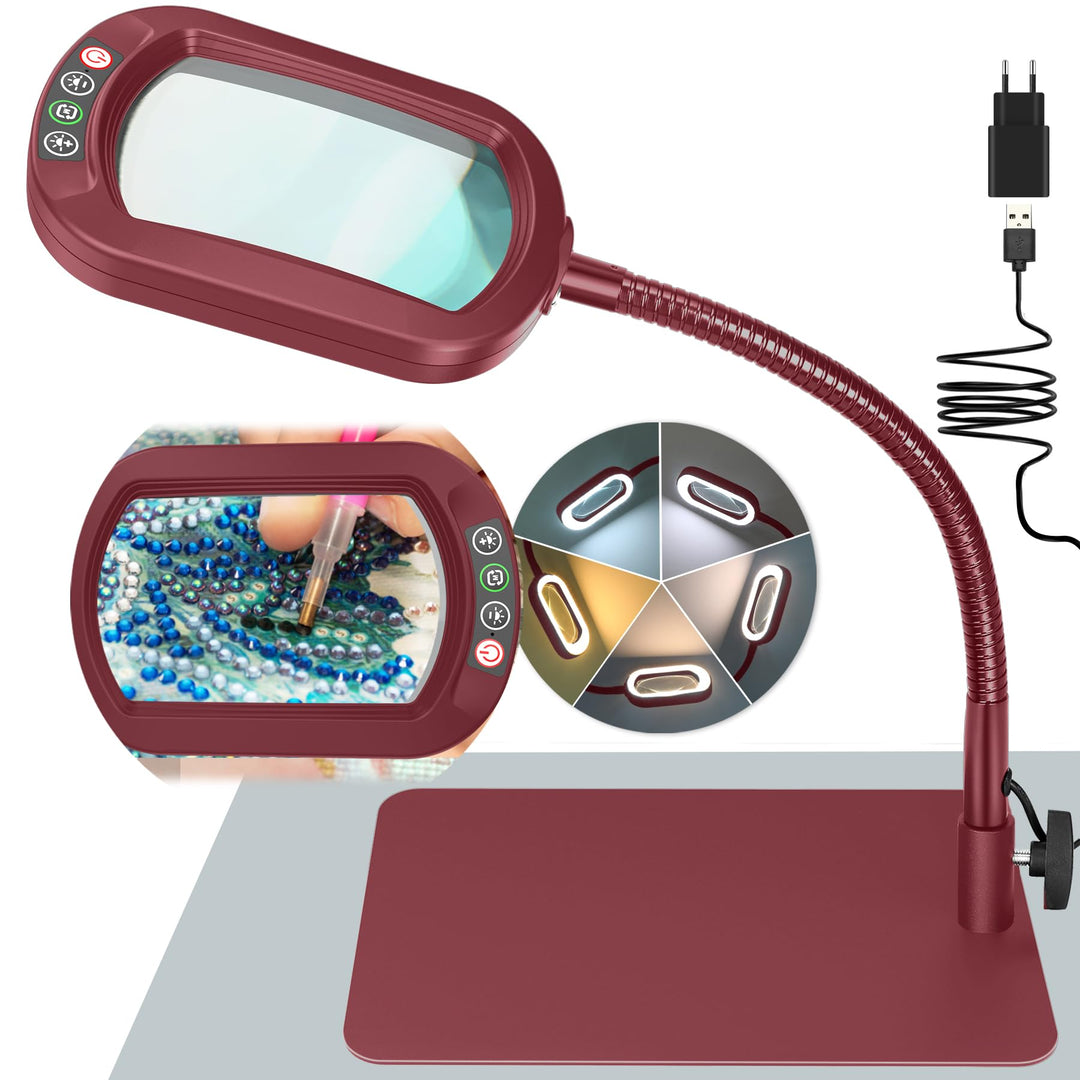 Drdefi 10X Rectangle Lupe mit Licht und Ständer, Echtes Glas Lupenlampe, 5 Farbmodi Stufenlos Dimmba
