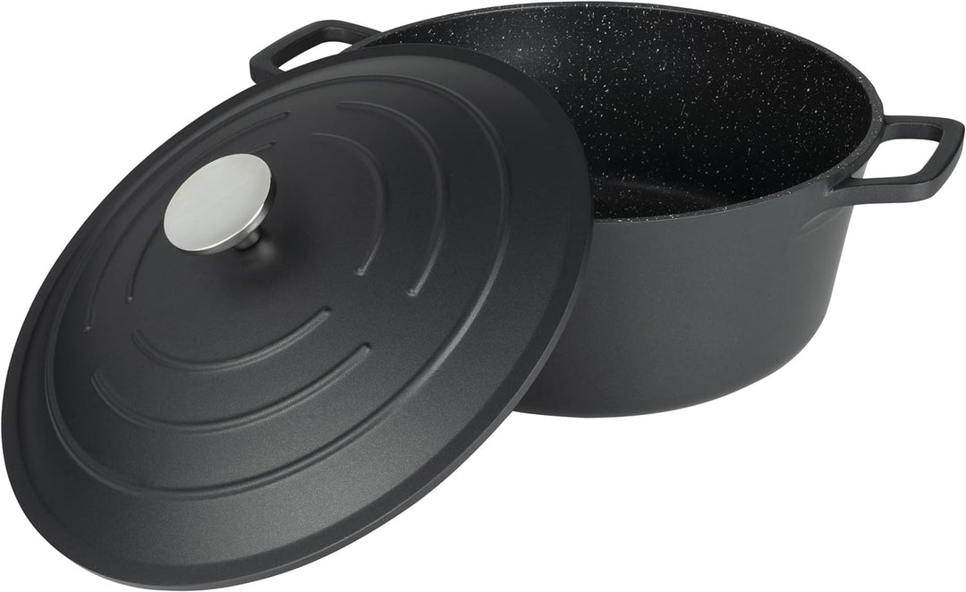 Commichef Runde Kasserolle, Auflaufform, Schwarz, Aluminiumguss, Mit Deckel, 28cm Durchmesser, 6,5 L