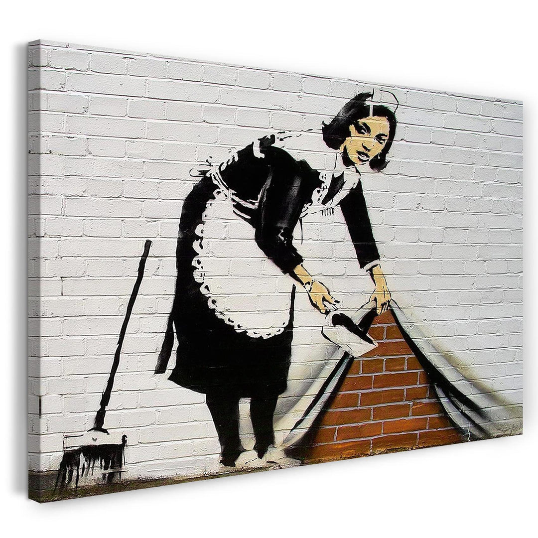 Printed Paintings Leinwand (80x60cm): Banksy - Putzfrau kehrt Dreck unter Wand-Bemalung Graffiti 80x