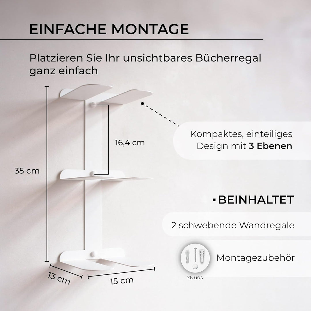 MILUKA Set 2 Unsichtbare Bücherregal Wand 35 cm | Wandregal Weiss Metall mit 3 Schwebenden Regalen f