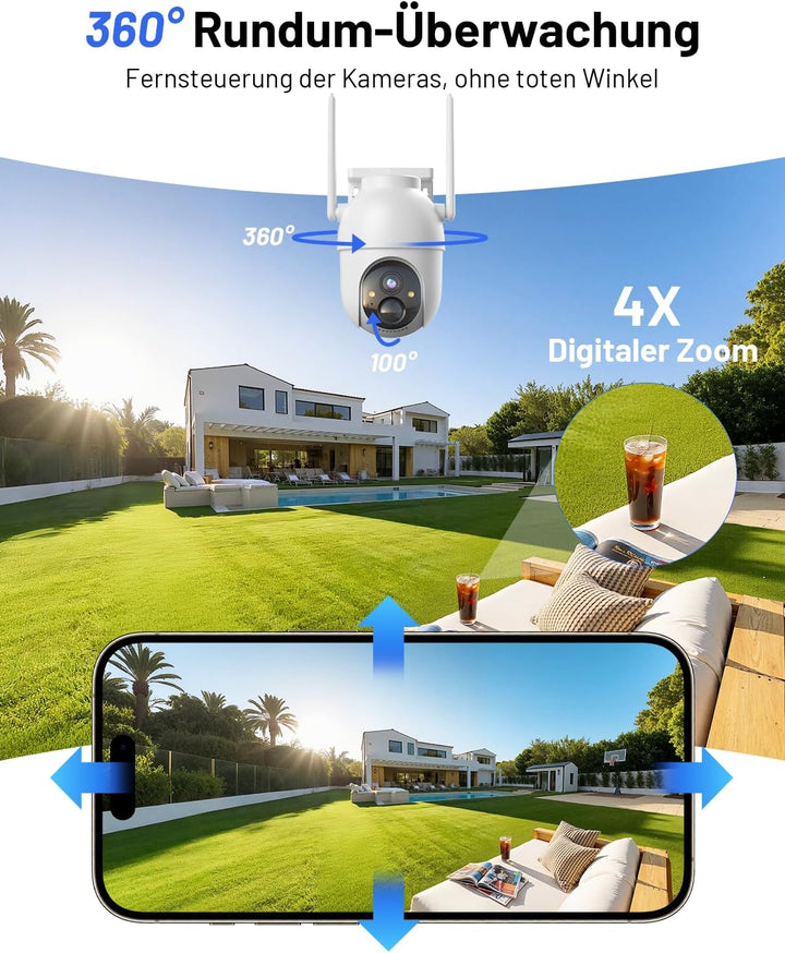 2K Überwachungskamera Aussen Akku Solar, 2-Cam-Set mit Basisstation | 360° PTZ Kabellos, 32G Lokaler