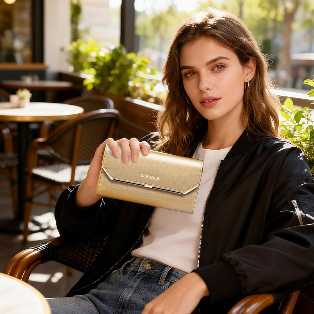 Geldbeutel Damen Leder Geldbörse RFID Schutz Large Portemonnaie Minimalistisch Lange Brieftasche Gol