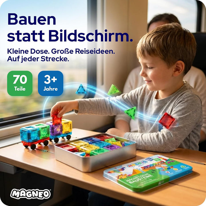 Minis Magnetische Bausteine Reiseset 70 Teile mit Box inkl. 2 Autos