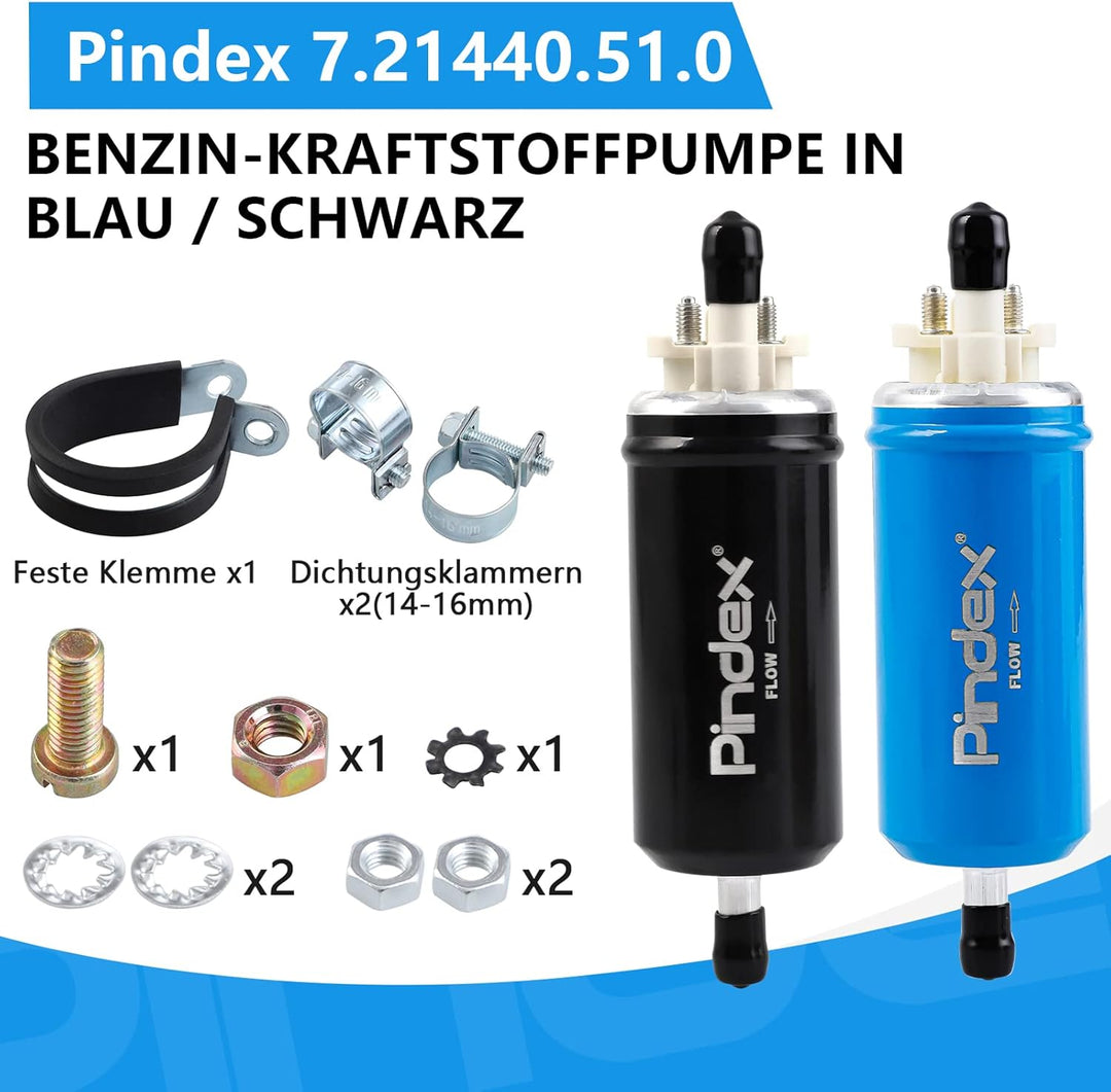 Pindex 12V Ekektrische Kraftstoffpumpe 7.21440.51.0 Benzinpumpe, Inlinne Pumpe 95L/H, 2.27-0.38Bar,