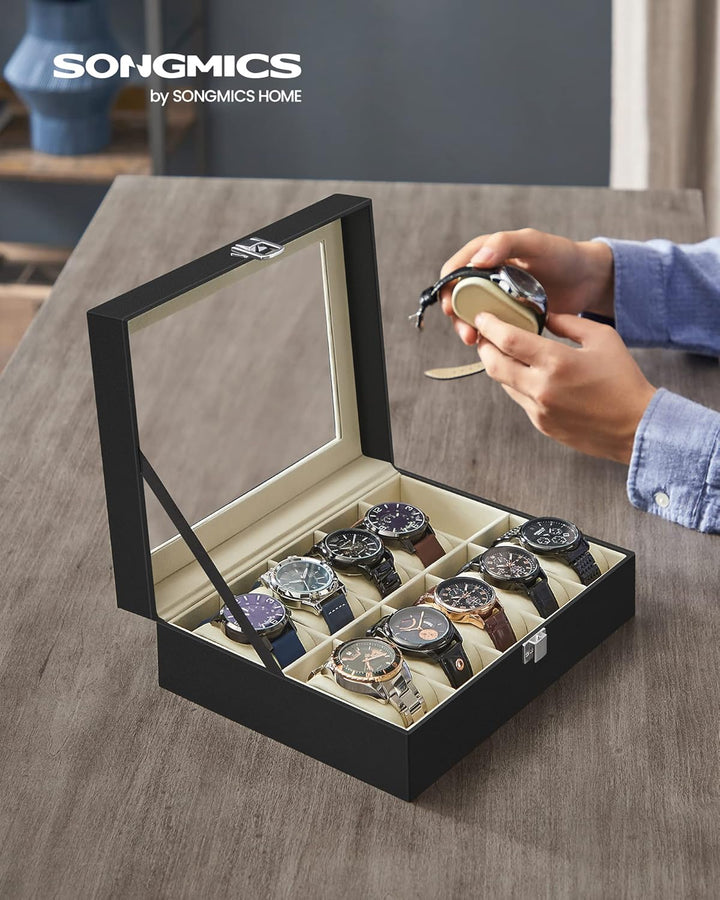 SONGMICS Uhrenbox mit 10 Fächern, Uhrenkasten, Glasdeckel, Uhrenkoffer, herausnehmbare Uhrenkissen,