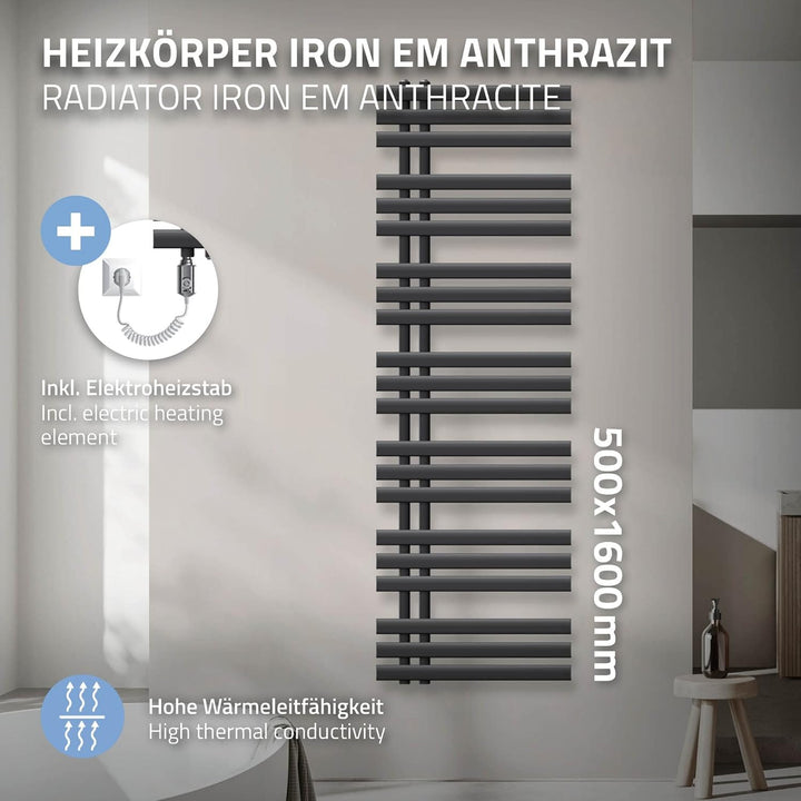 ECD Germany Iron EM Design Badheizkörper Elektrisch mit Heizstab 1200 W - 500 x 1600 mm - Anthrazit