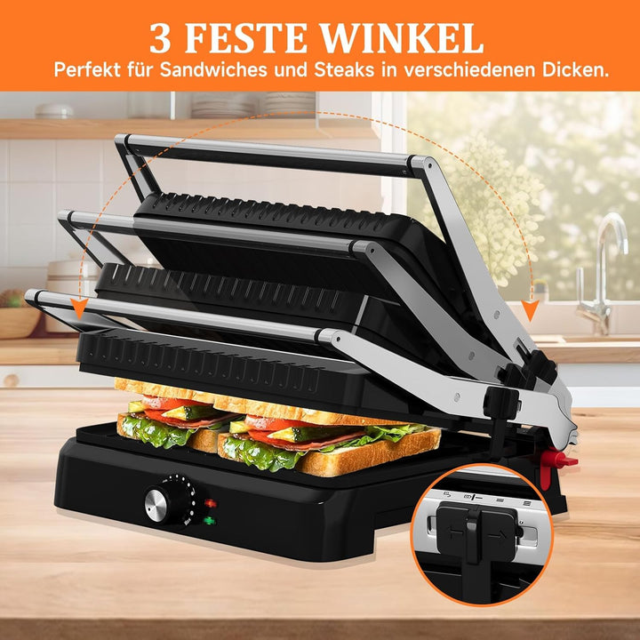 HOMELUX Kontaktgrill 2200W Panini Grill Sandwichmaker für Sandwiches, Steakmit 34x23cm Antihaftplatt