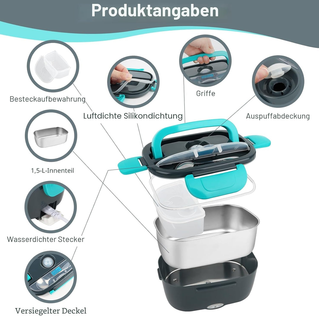 Elektrische Lunchbox 1,5L, 60W Essensbox Warmes Mittagessen, 12V/24V/220V Beheizbare Speisenwärmer m