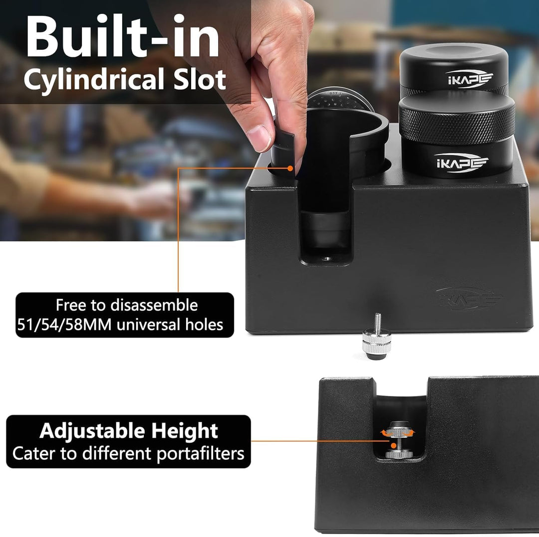 IKAPE Espresso-Tamper-Station – Schwarze Tamping-Station aus Kunststoff, Tamper-Halterung und Siebtr