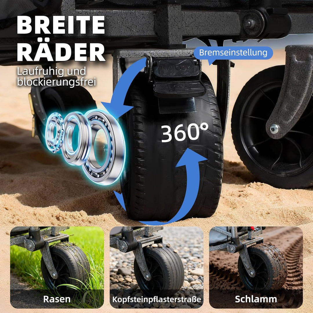 Bollerwagen Faltbar – Tragkraft 272 kg, mit Bremsen, Getränkehalter, Verstellbarem Griff, All Terrai