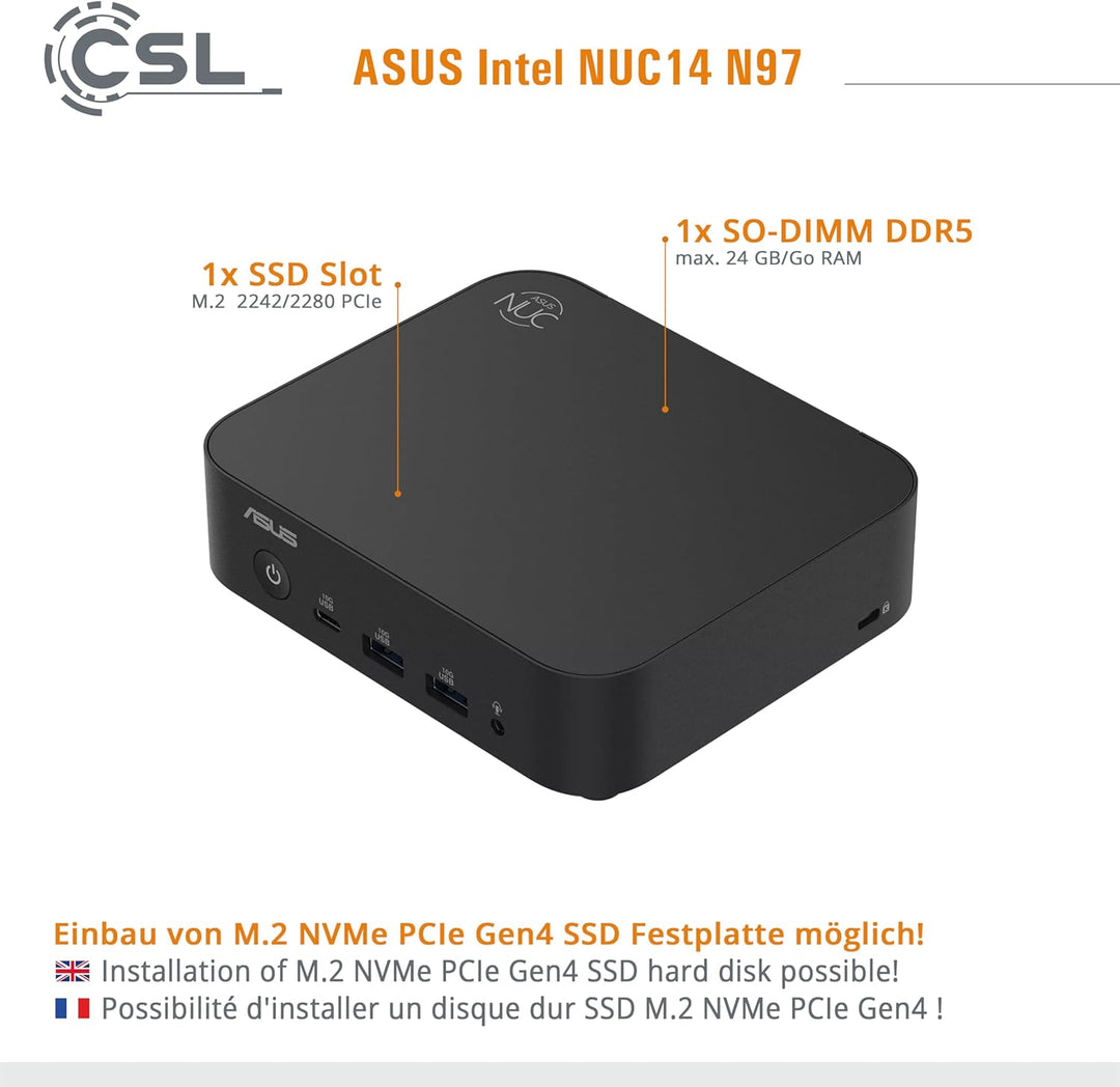 Mini PC ASUS Intel NUC14 N97 Windows 11 Home, N97 CPU 4X 3600 MHz Turbotakt, 500 GB M.2 SSD, 8 GB DD