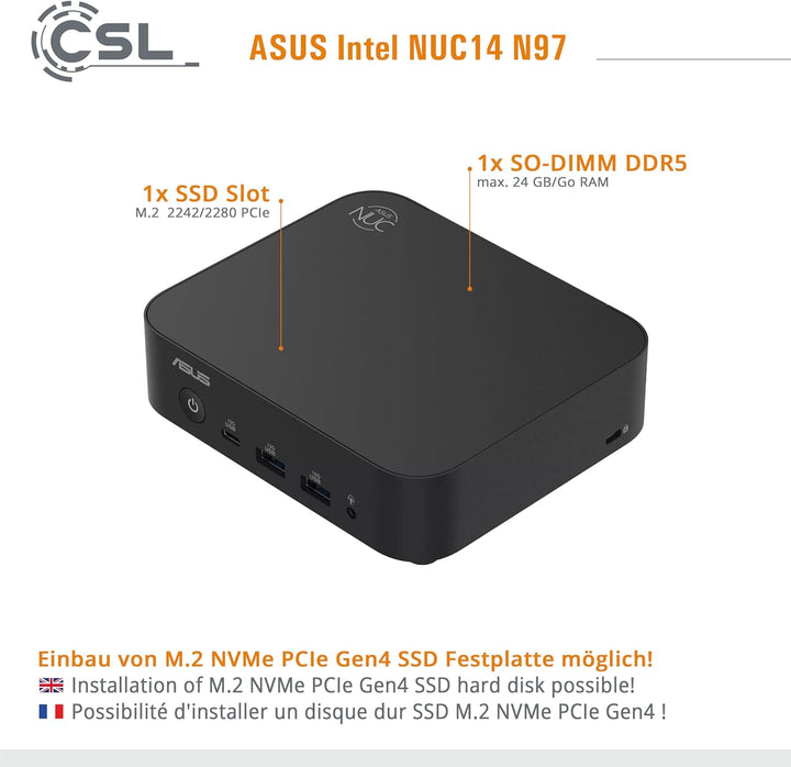 Mini PC ASUS Intel NUC14 N97 Windows 11 Home, N97 CPU 4X 3600 MHz Turbotakt, 500 GB M.2 SSD, 8 GB DD