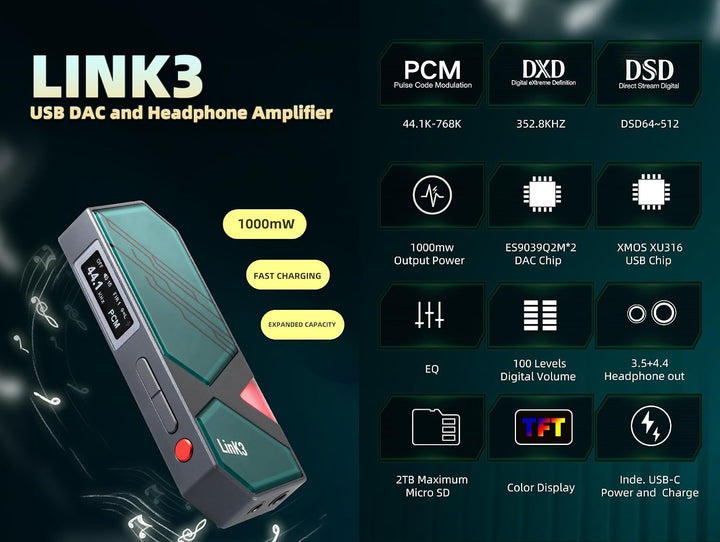 xDuoo LINK3 USB-DAC-Kopfhörerverstärker – ES9039Q2M*2 DAC-Chip, XMOS XU316, 1000 mW Ausgangsleistung