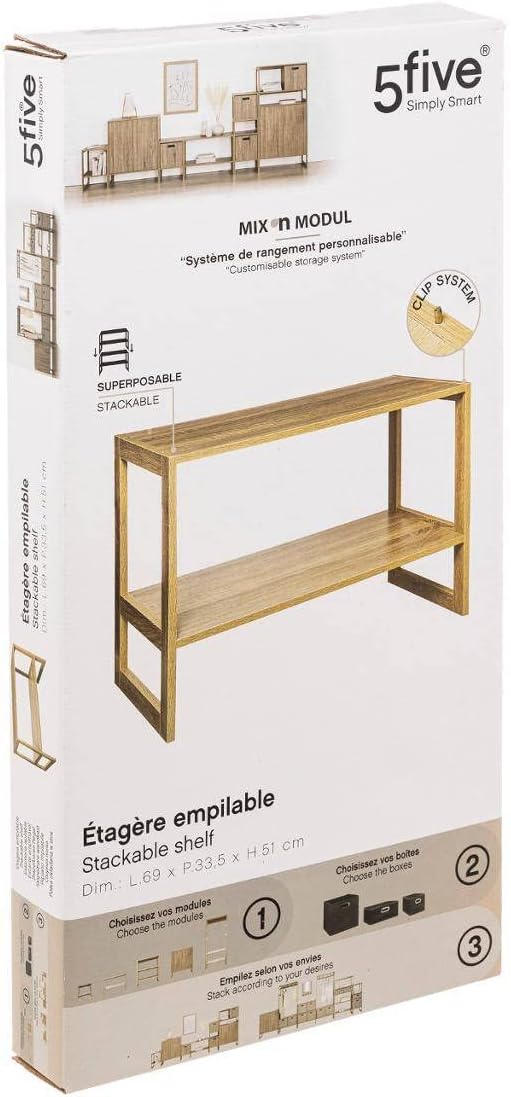 5 five simply smart 5five – Mix N Modul Stapelbares Regal, Holzoptik, 2 Ebenen, 69 x 33,5 x 51 cm –