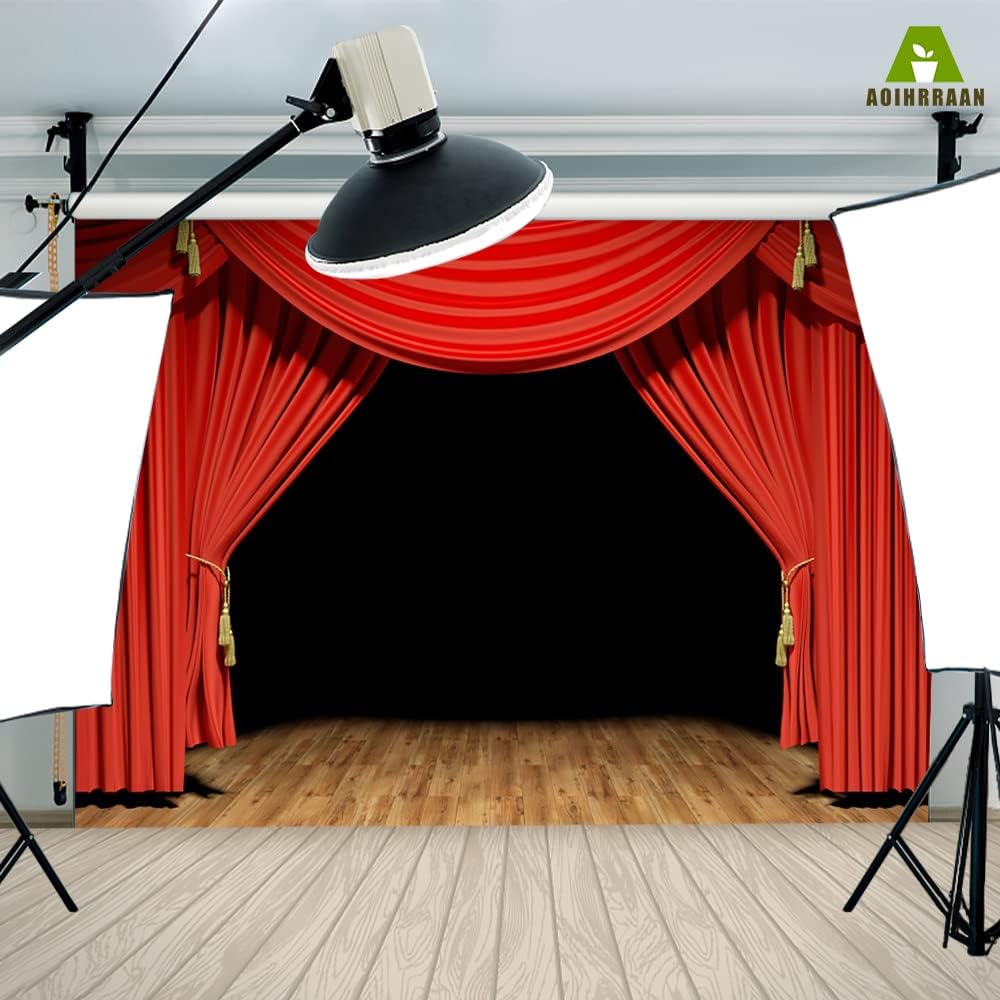 Aoihrraan 3x2m Theater Bühne Hintergrund Rot Vorhänge Rustikal Vintage Holz Boden Bühne Fotografie H